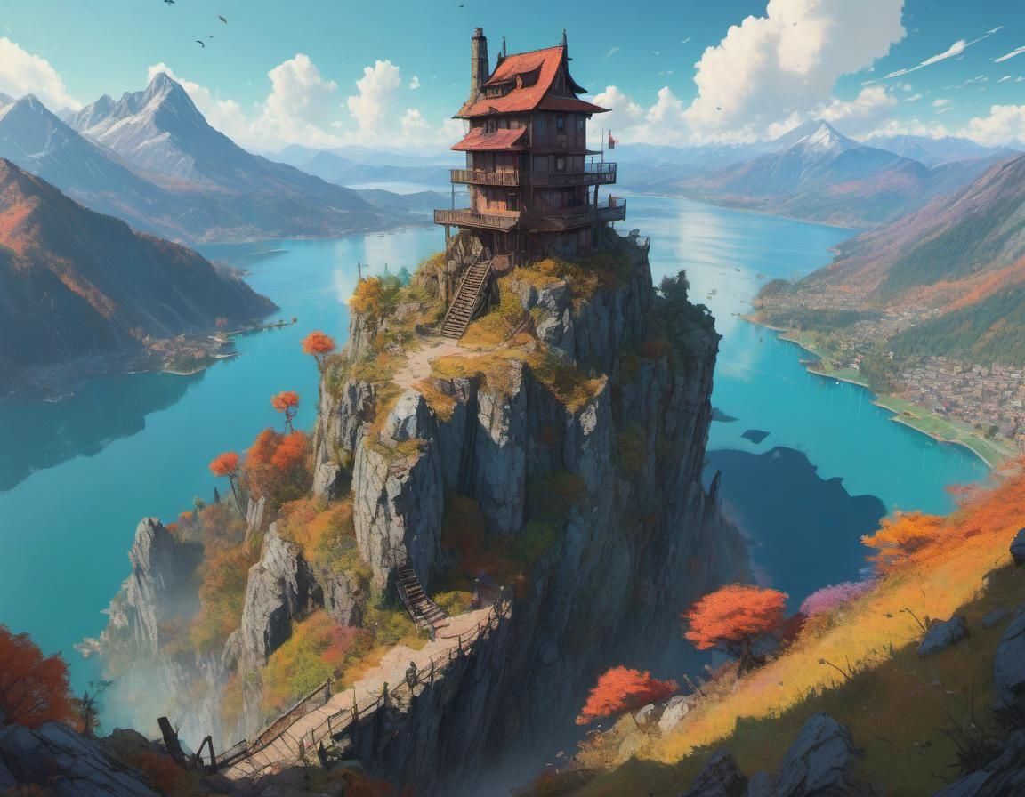 Tower on Epic Mountain Lake, Digital Illustration