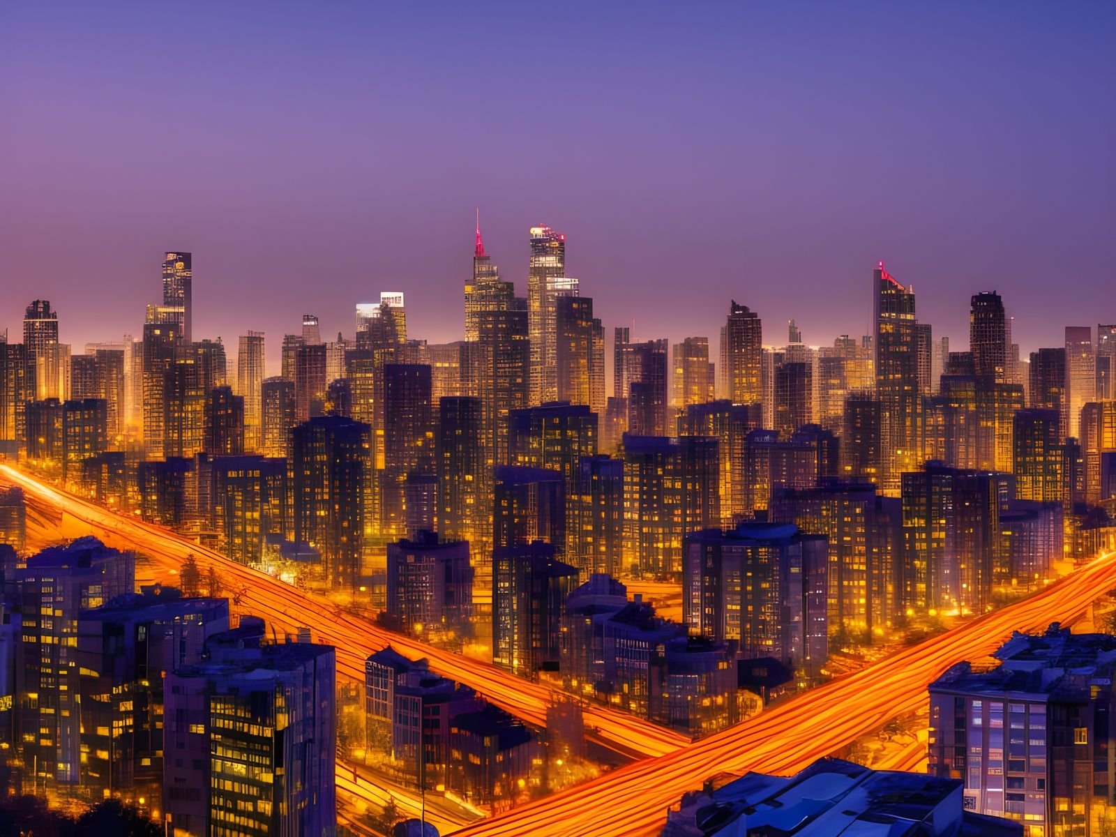 Geometric Cityscape at Twilight in Cubist Style