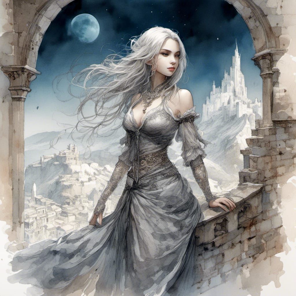 Moonlit Beauty in Watercolor at Mountaintop Fortress