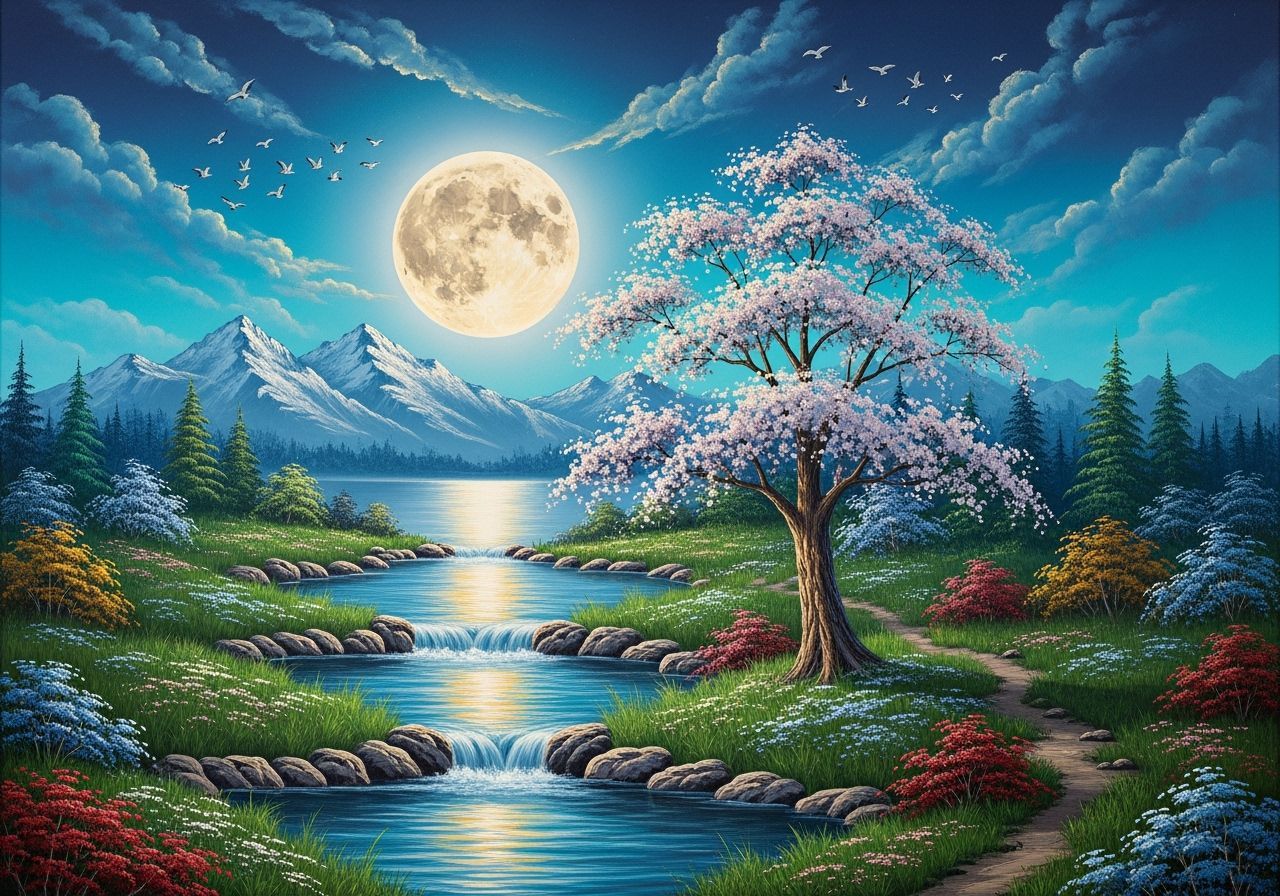 Bob Ross Style Moonlit River Landscape Painting