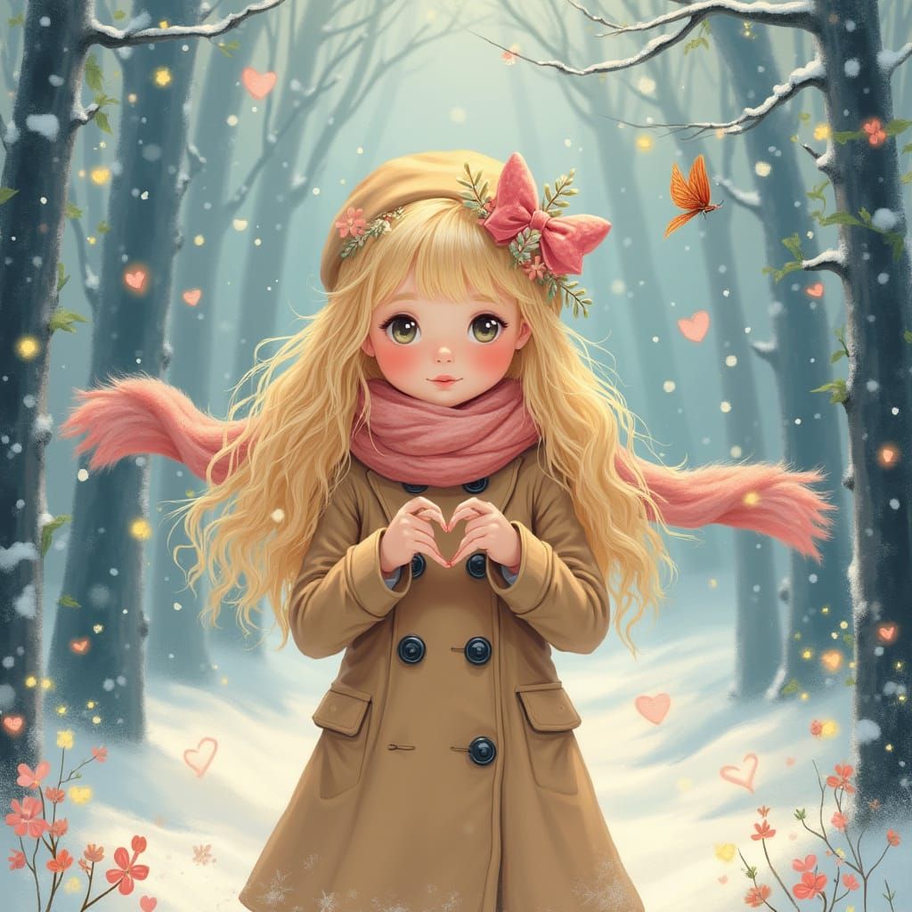 Winter Fairytale Girl with Flowers in Snowy Forest