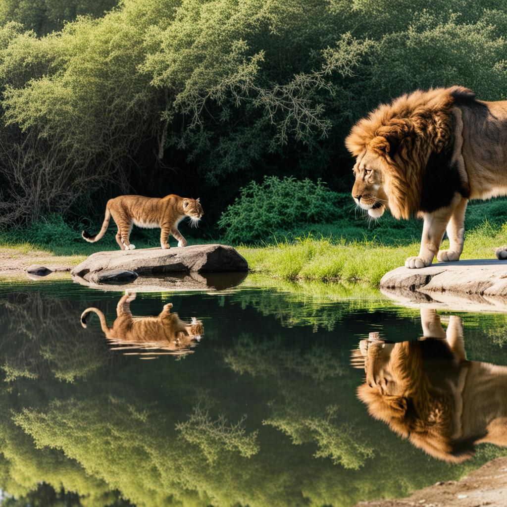 Cat and Lion Reflection in Water