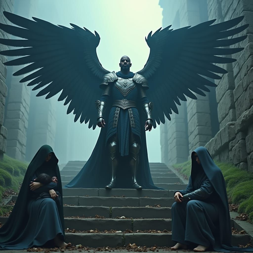 Winged Knight on Stone Steps in Golden Light