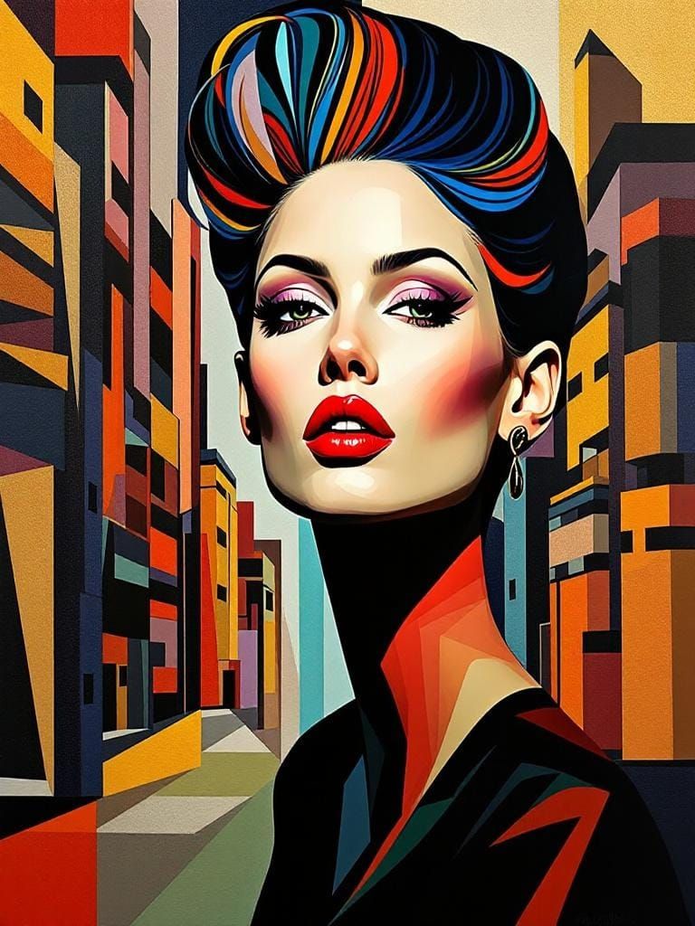 Glamorous Woman in Cubist Cityscape, Art Deco Style