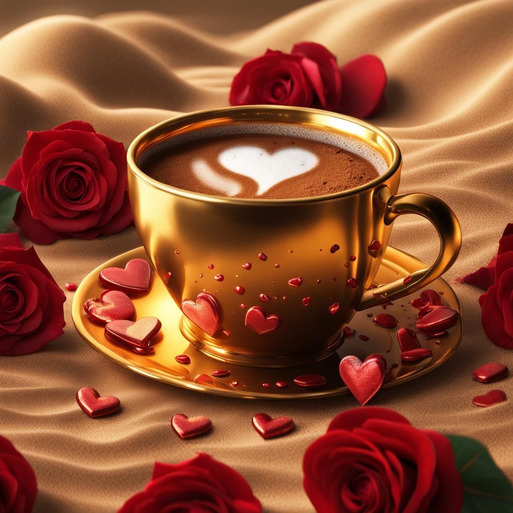 Gold Coffee Cup with Hearts and Roses in 8K