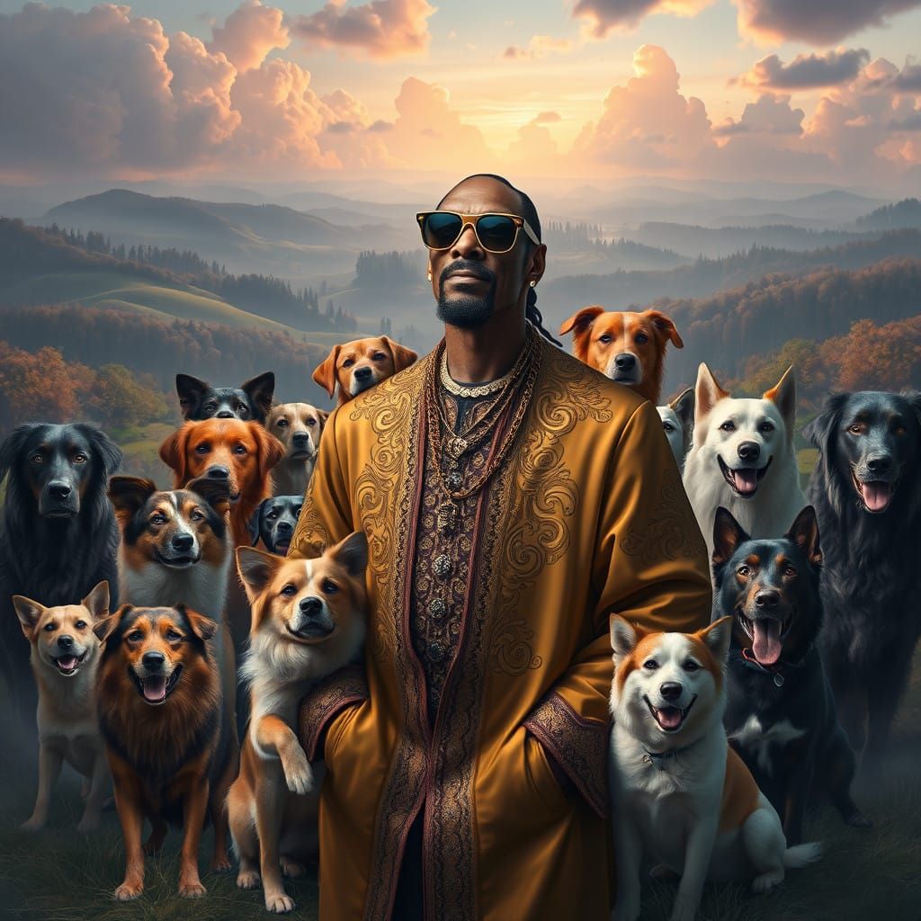 Snoop Dog Surrounded by Majestic Dogs in Dreamlike Landscape