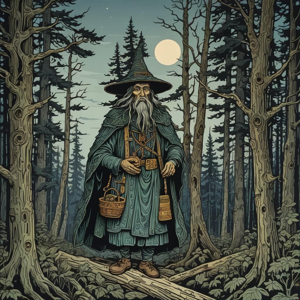 Baba Yaga in Forest: Linocut Style Illustration