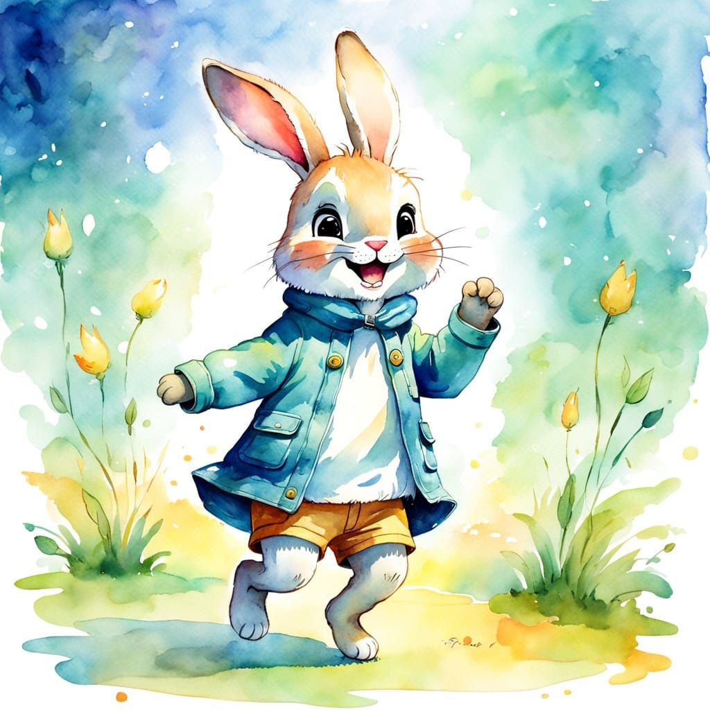 Laughing Bunny Portrait as Watercolor Illustration