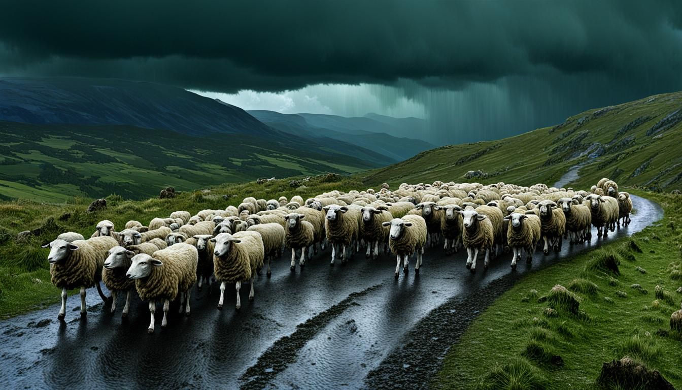 Shepherd Leads Flock in Rainy Mountains: Impasto Painting