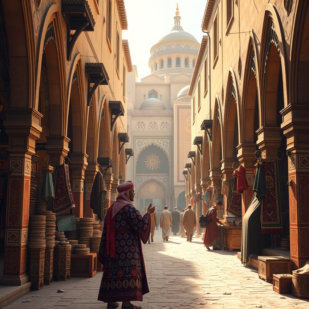 Medieval Souq Merchant in Vibrant, Intricately Patterned Tha...