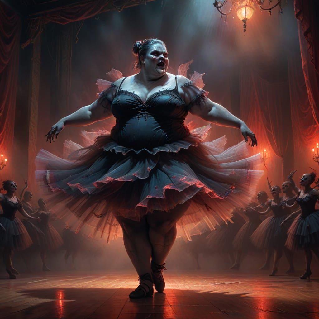Obese Ballerina Monster Dances in Dark Fantasy Art