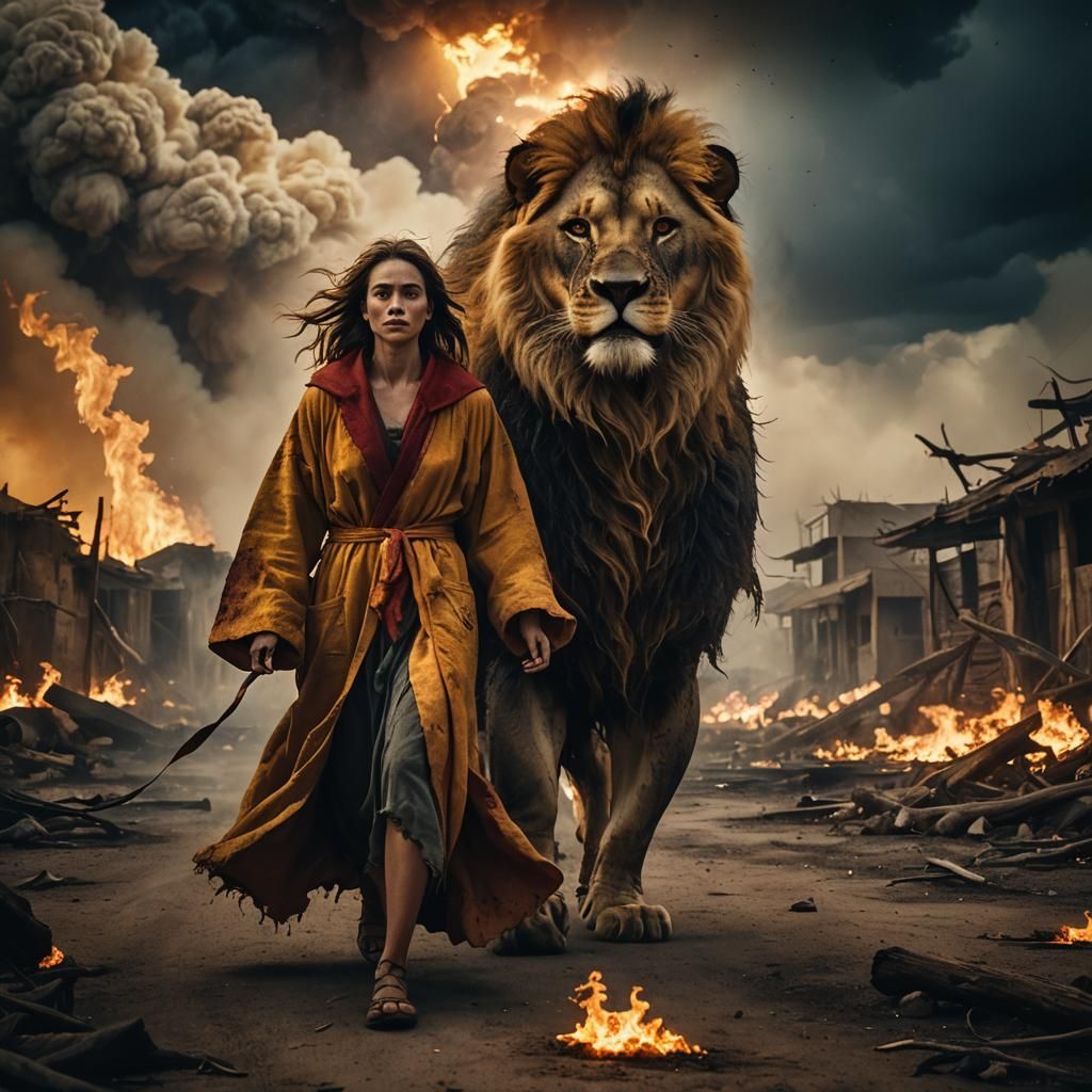 Apocalyptic Journey: Woman and Lion in Fiery Landscape