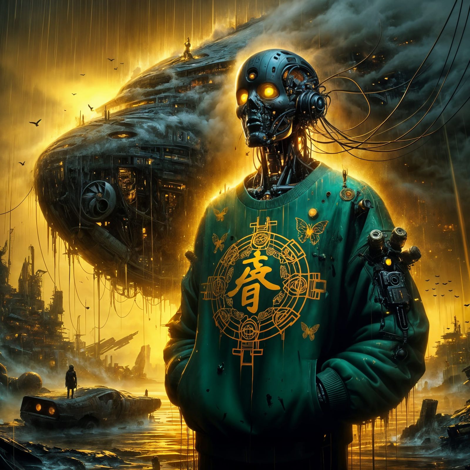 Cyberpunk Automaton in Abandoned Futuristic Landscape