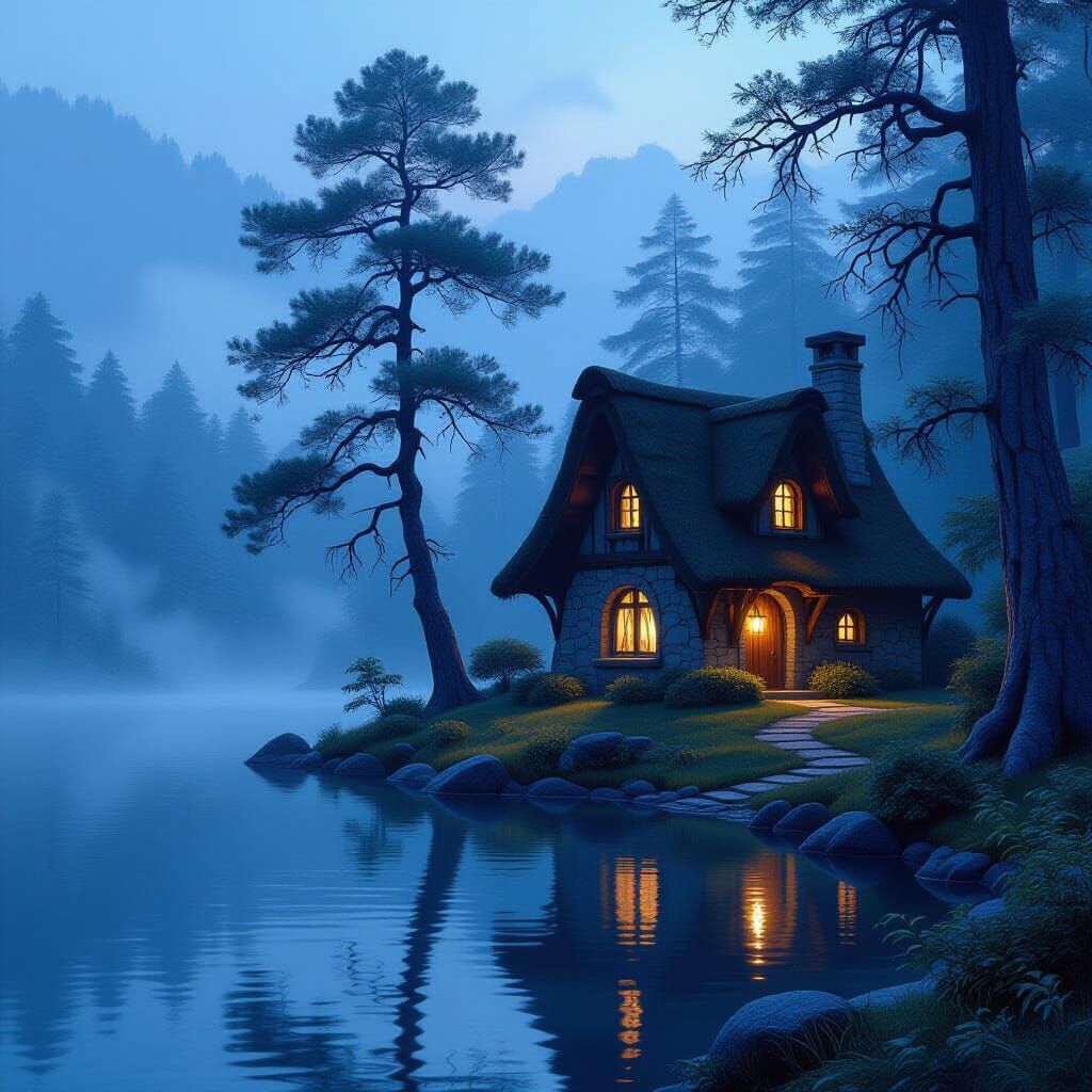 Elven Cottage by Mist Lake at Twilight