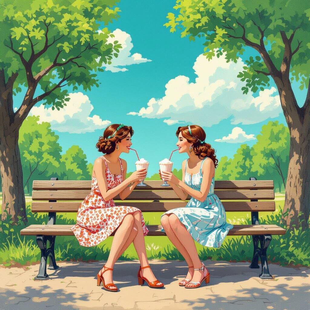 Women Sharing Milkshake: Naive Art with Bold Colors