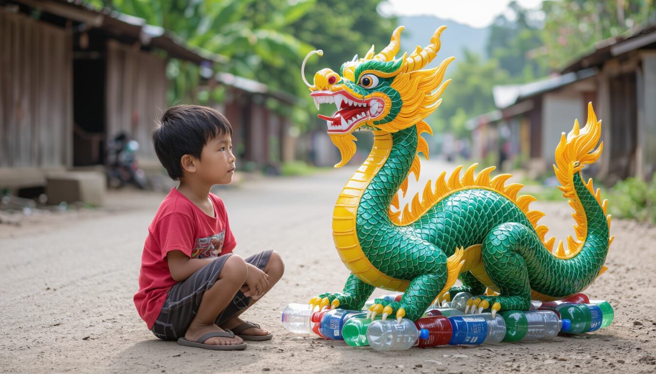 Realistic Dragon Sculpture Made of Plastic Bottles