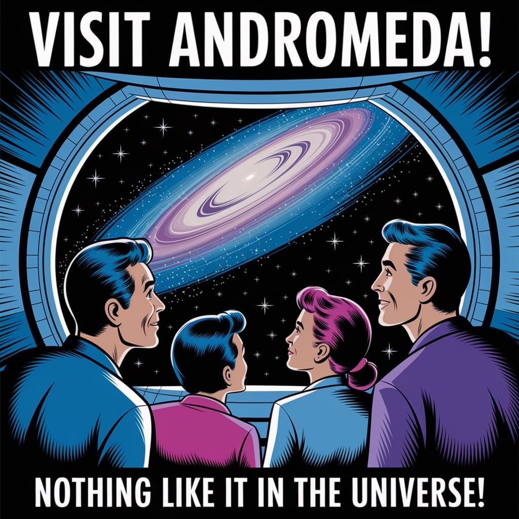 A 1950s style Travel Poster advertising a trip to the Andromeda Galaxy in your own personal spaceship.