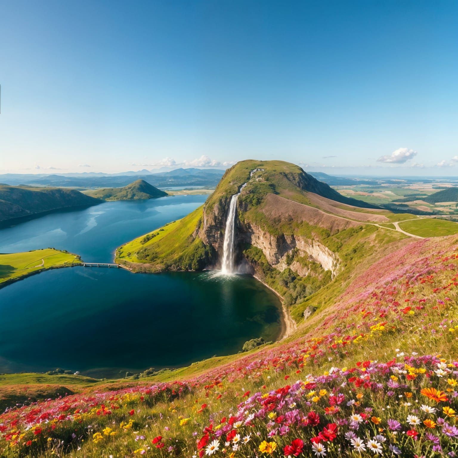 Aerial View of Waterfall and Flower Meadow