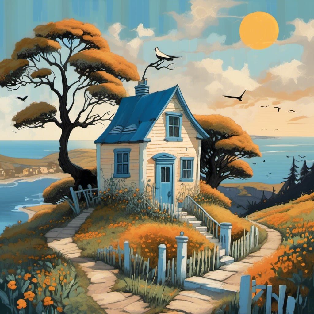 Whimsical Crooked House with Blue Door, Oil Painting