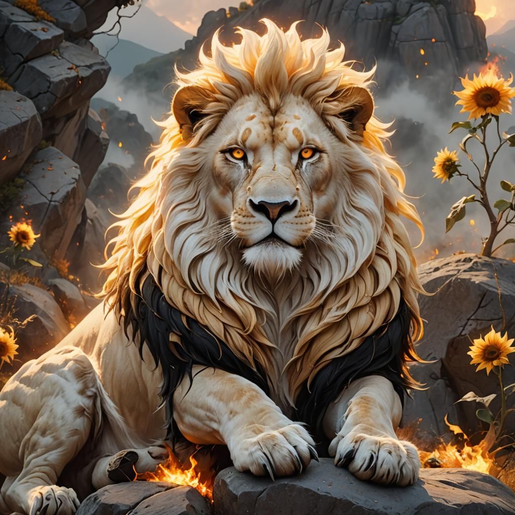 Albino Lion with Flaming Mane in Anime Style