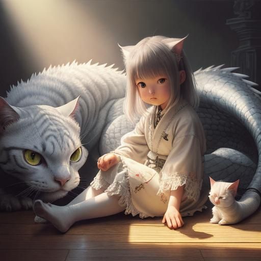 Girl and Dragon in Chiaroscuro Style