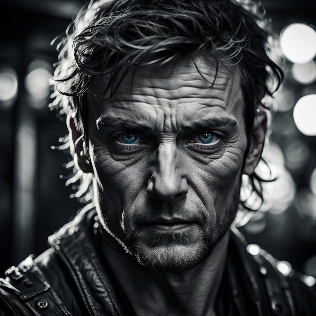 Monochrome Warrior Portrait in Tavern, Close-Up