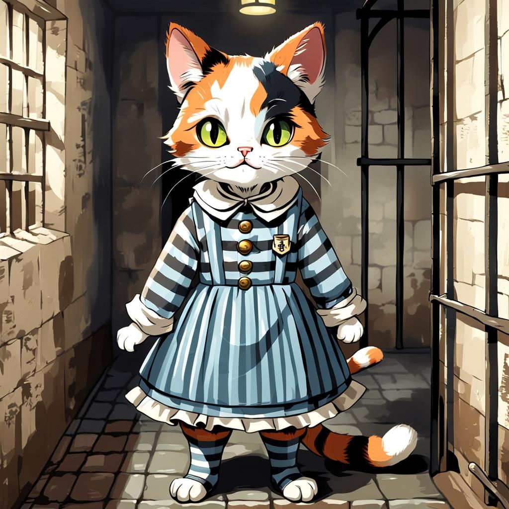 Calico Cat in Old-Fashioned Prison Outfit