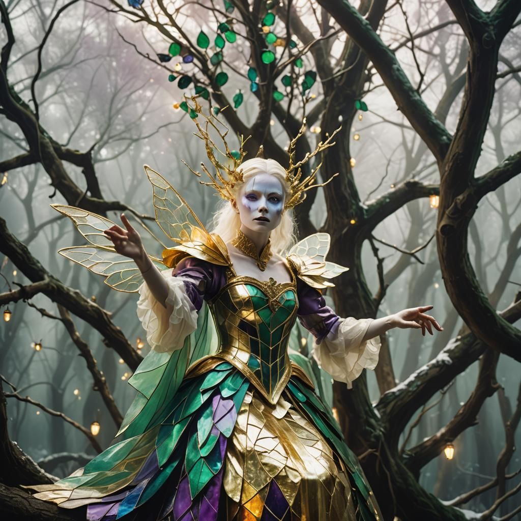 Albino Fairy in Stained Glass Dress: Impressionist Digital A...