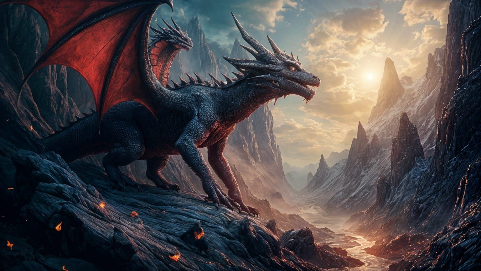 Dragon Amidst Flames and Skulls in Macabre Style