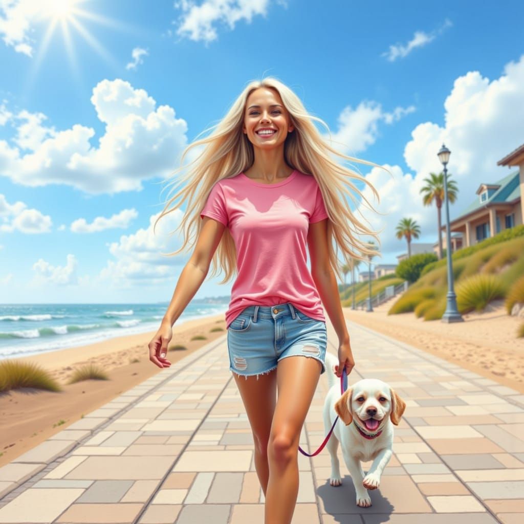 Caricature of Woman with White Hair and Maltese Dog on Beach...