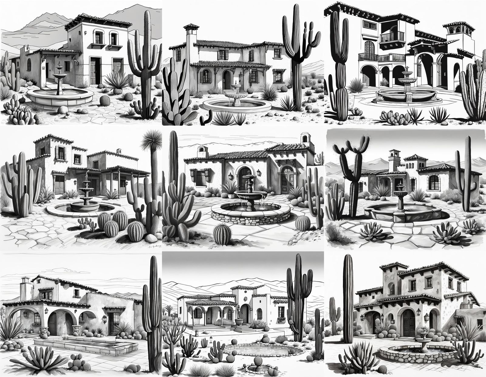 Monochrome Desert Stone House with Fountain