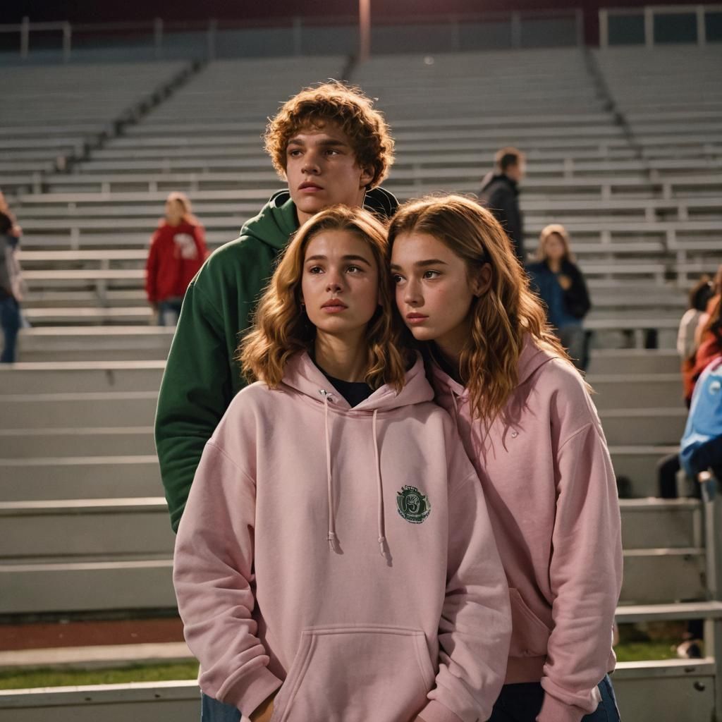 Teenage Couple Embrace at Football Game in Cinematic Style