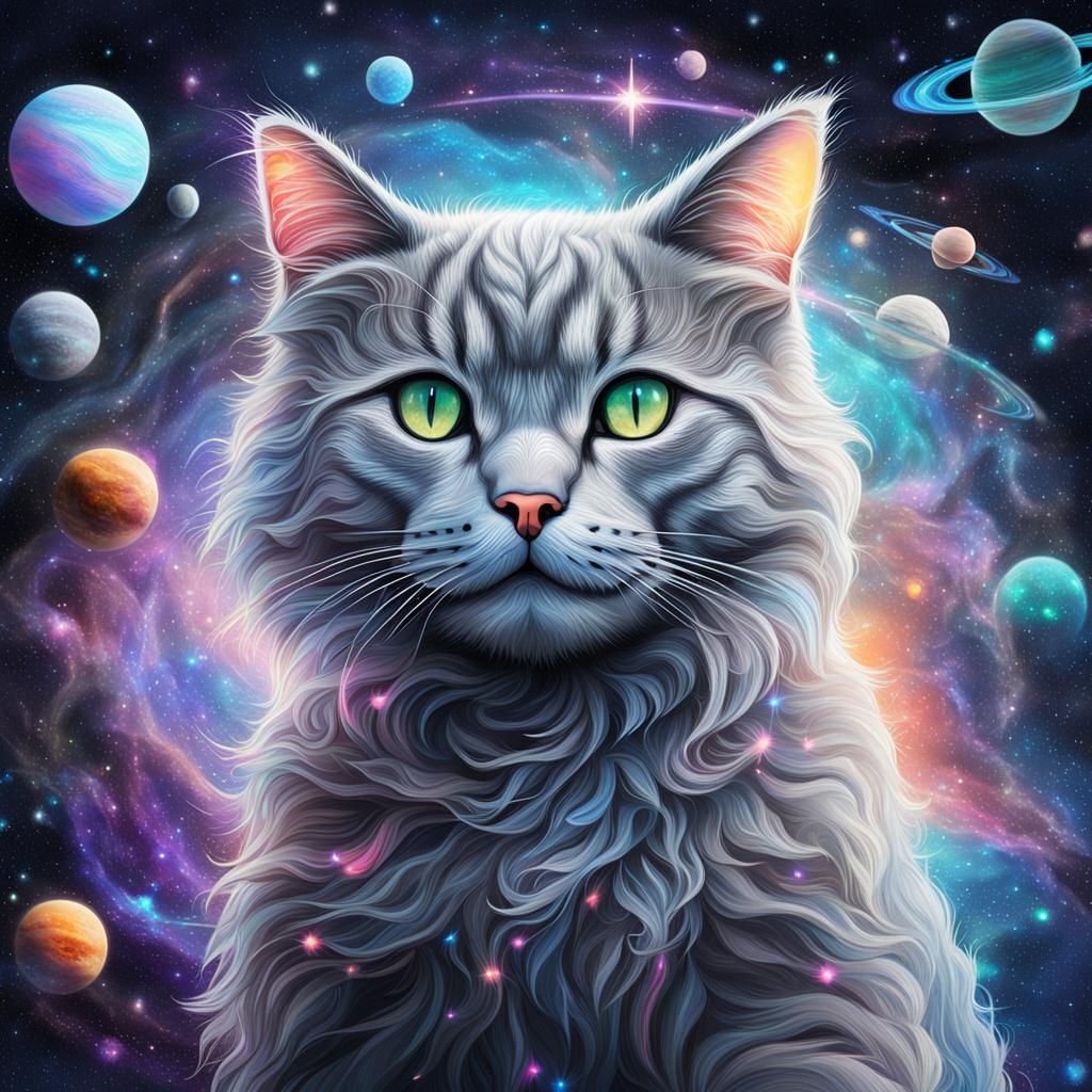 Gray Kitten's Cosmic Play: Holographic Astral Illustration
