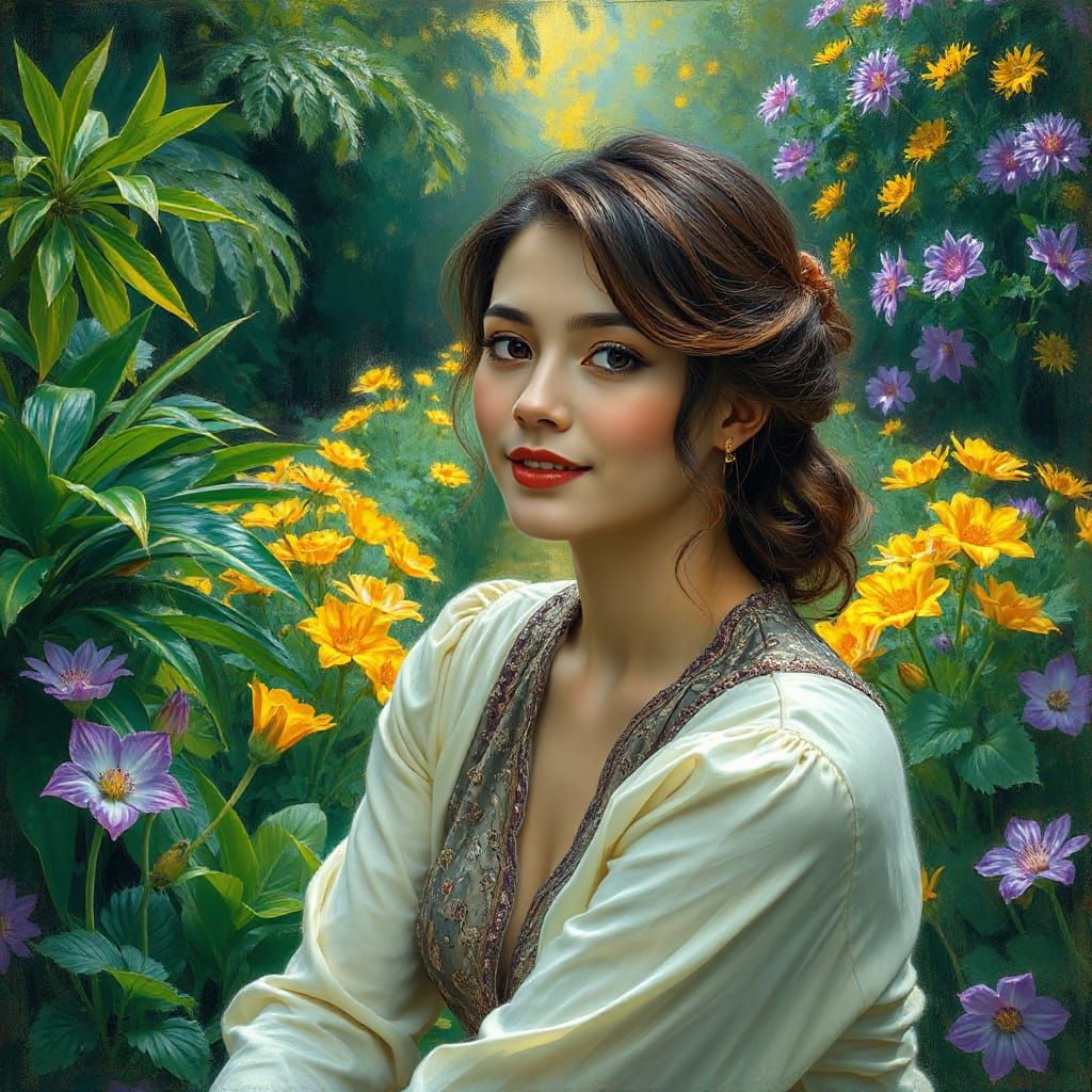 Enigmatic Woman in Dreamlike Garden, Abstract Portrait