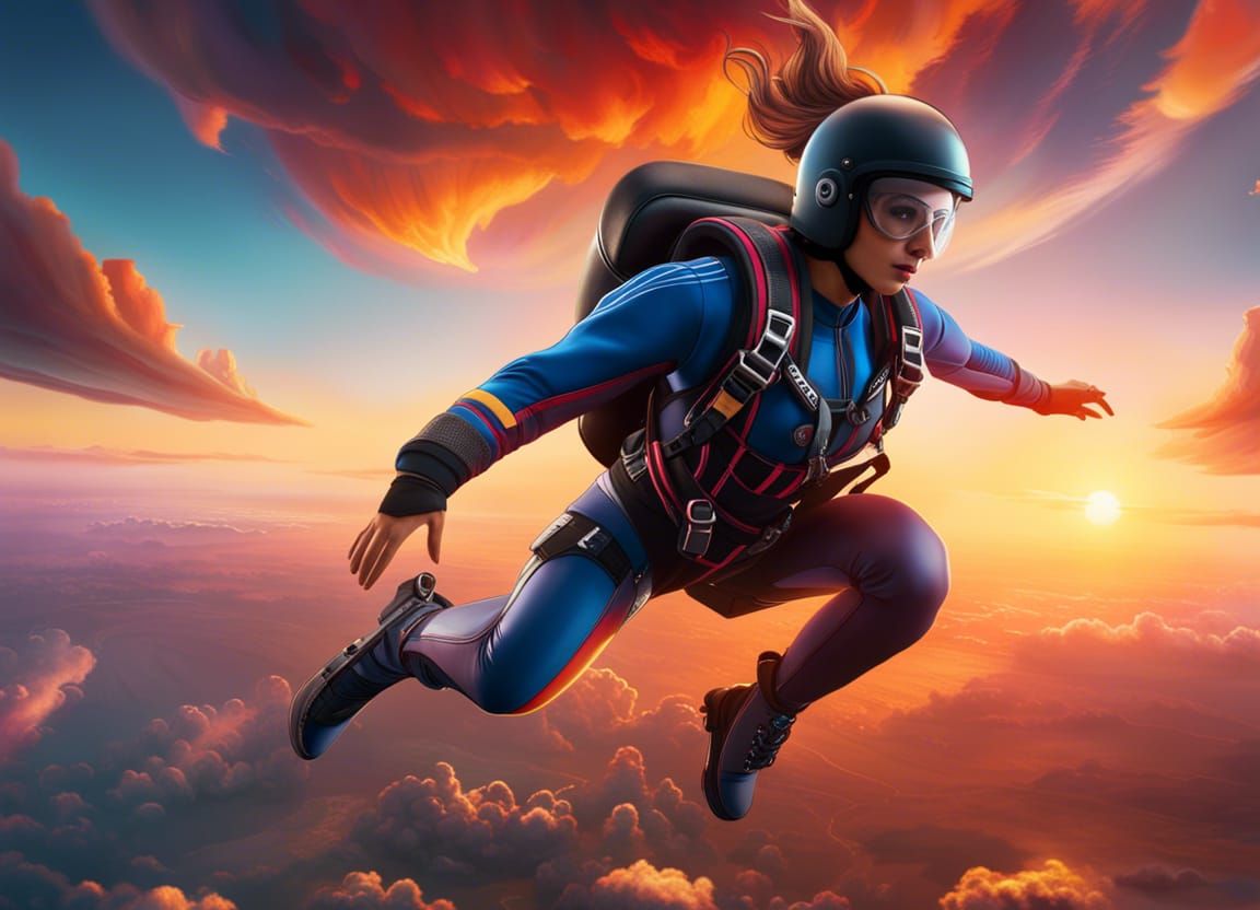 Girl Skydiving at Sunset: Detailed Matte Painting