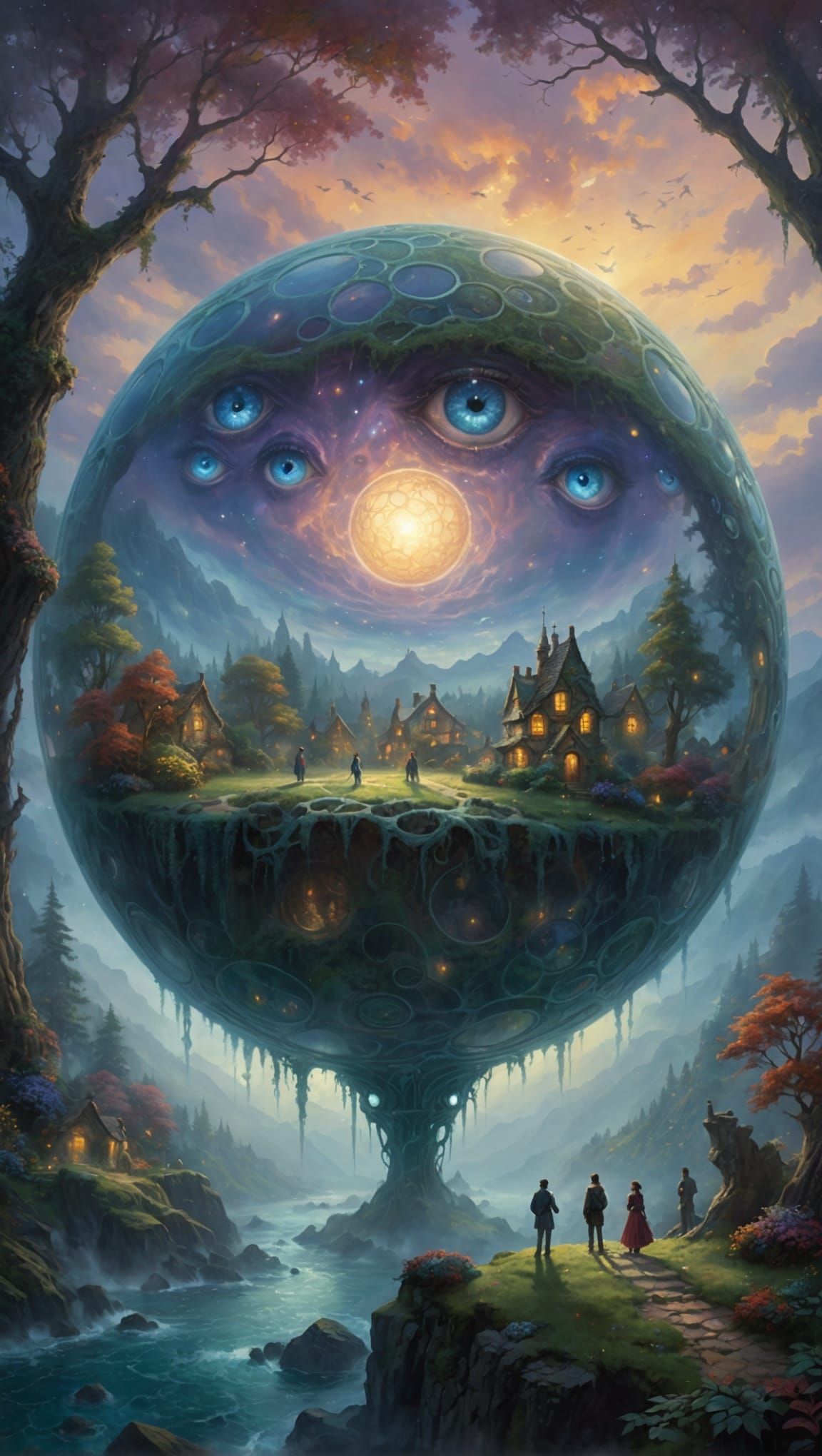 Ethereal Sphere of Eyes in Fantasy Landscape