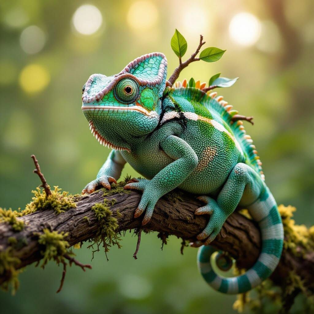 Photorealistic Chameleon in Whimsical Tree Costume