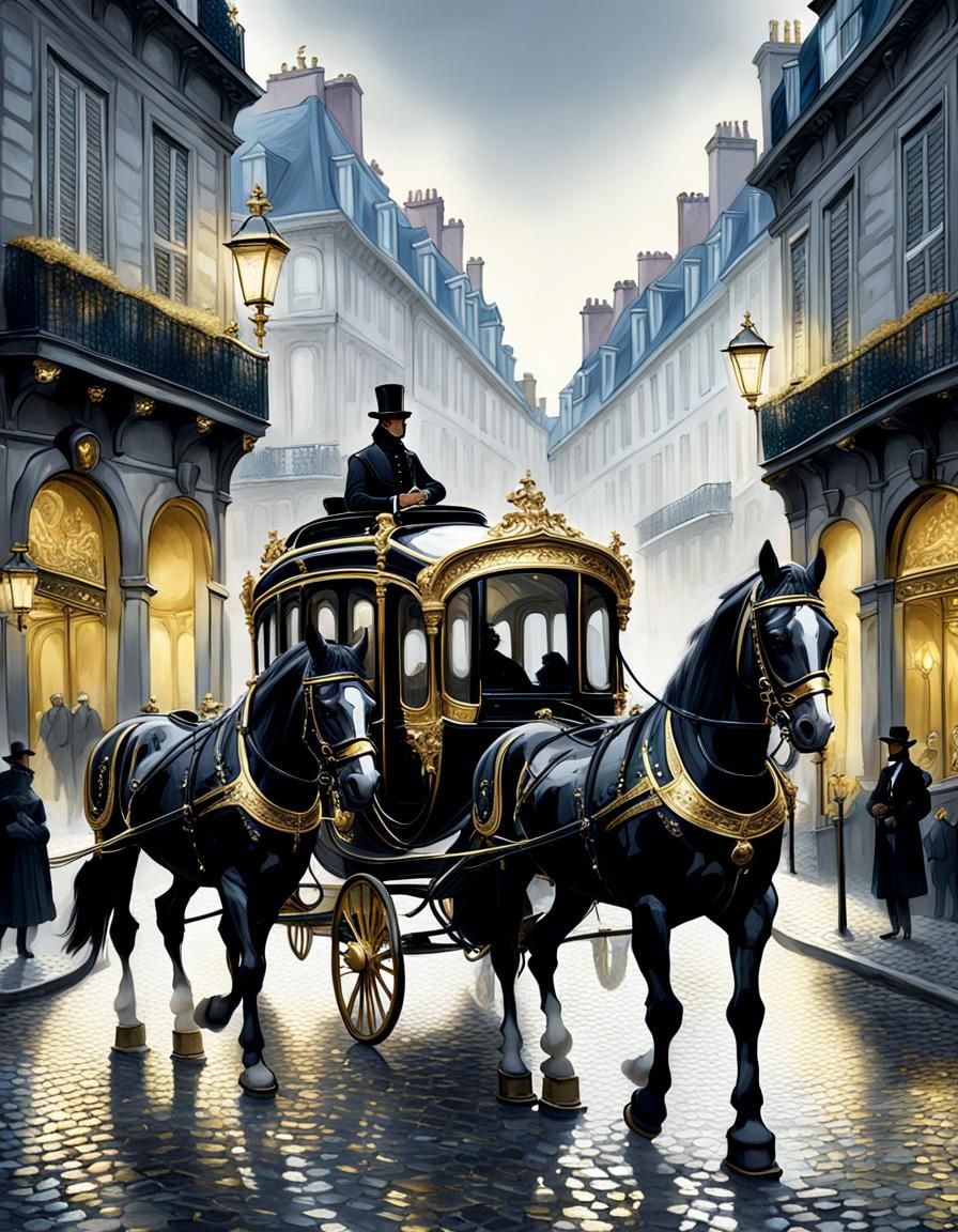Baroque Coach Travels Parisian Street at Twilight