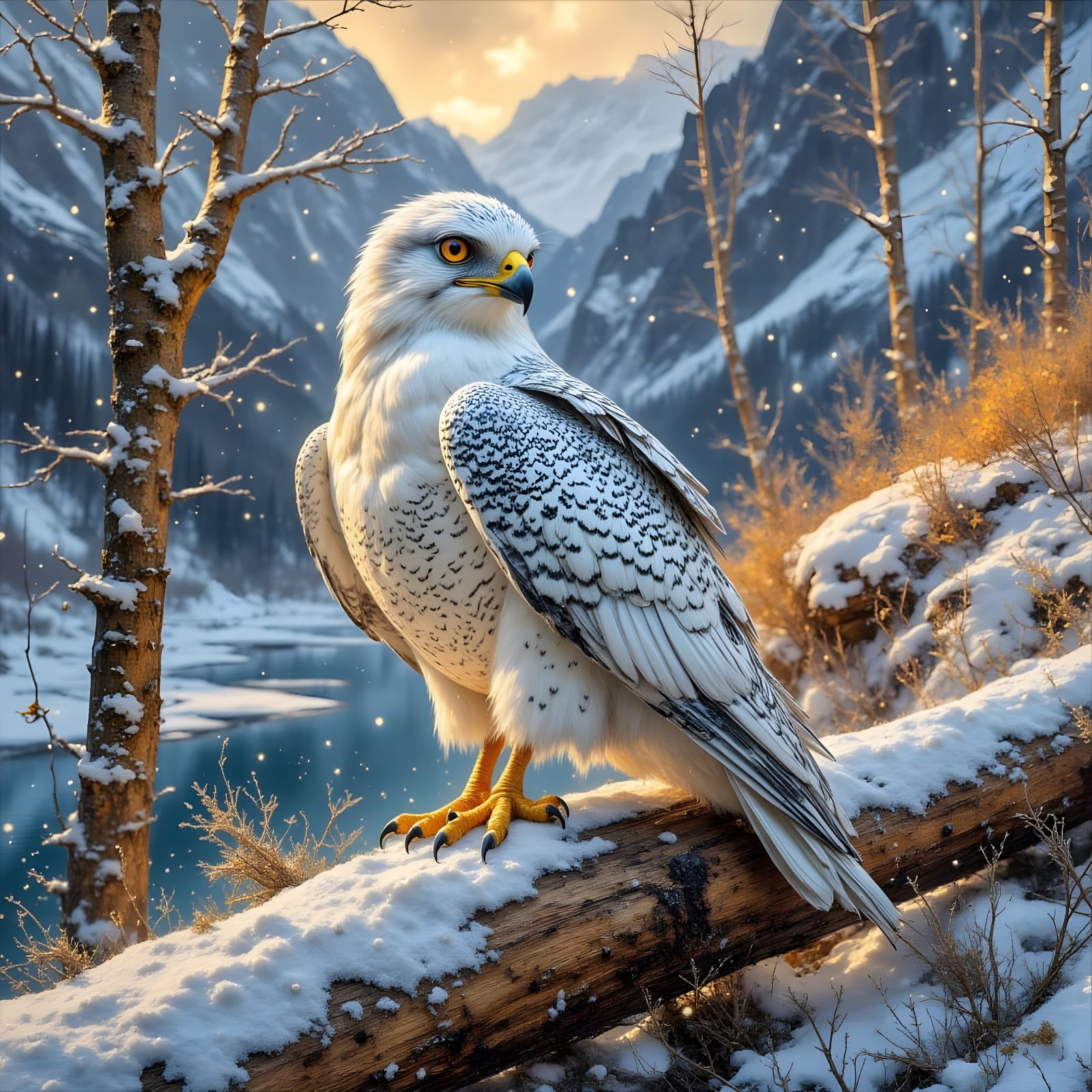 White Falcon on Snowy Log in Mountain Valley