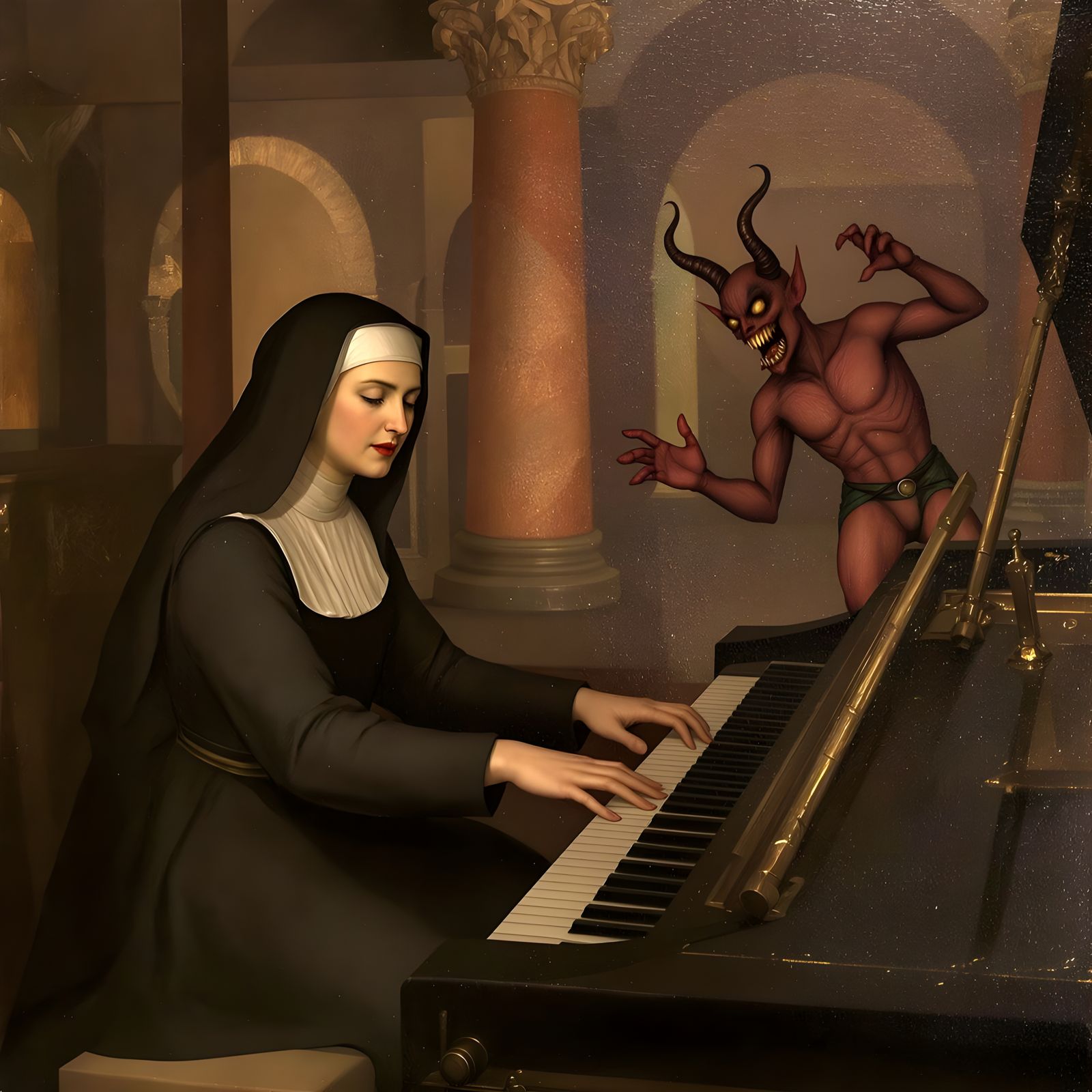 Mysterious Nun and Devil in Baroque Splendor
