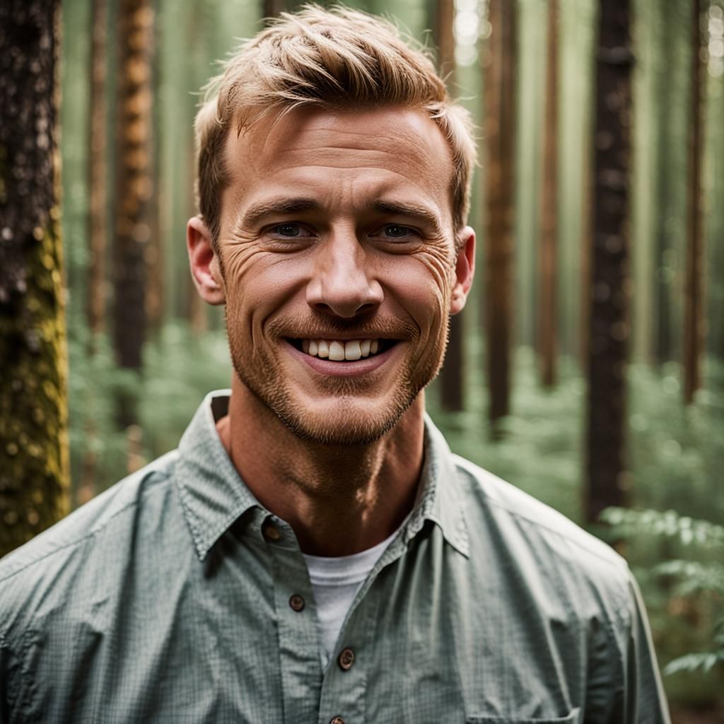 Smiling Man with Scars in Forest Portrait