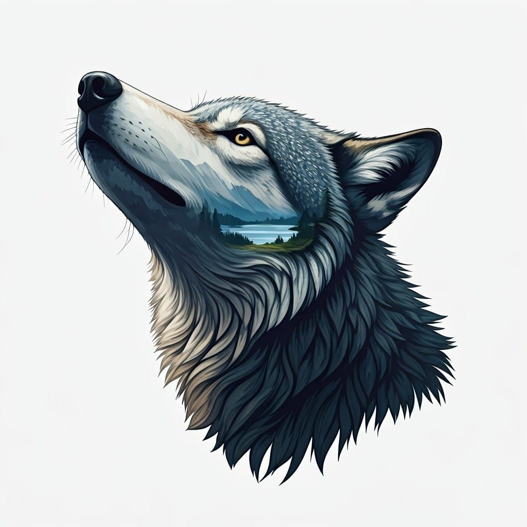 Wolf's Head with Surreal Landscape Art