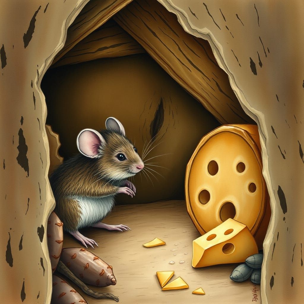 Mouse and Cheese in Beatrix Potter Style