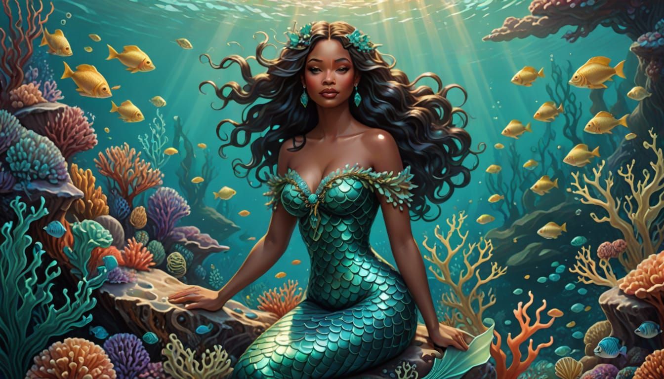 Vibrant Mermaid Sits on Coral Reef in Dreamlike Atmosphere