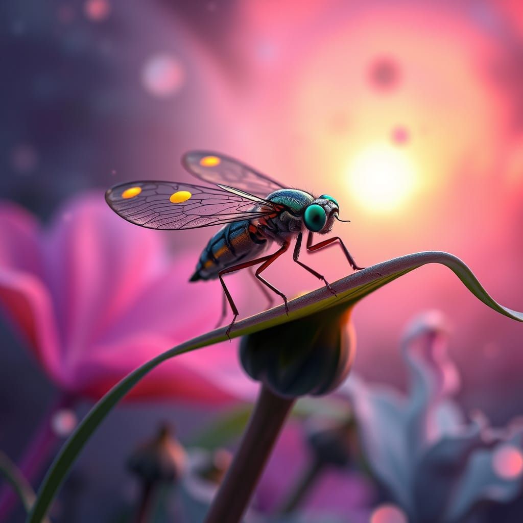 Ethereal Fairyfly Rides Leaf through Cosmic Dreamscape
