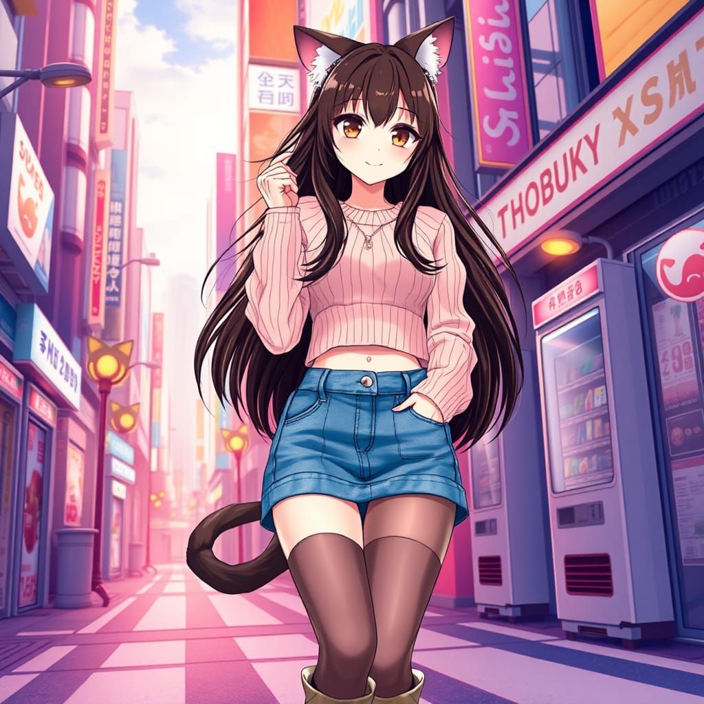 Pastel Anime Catgirl in Shibuya, Studio Trigger Style