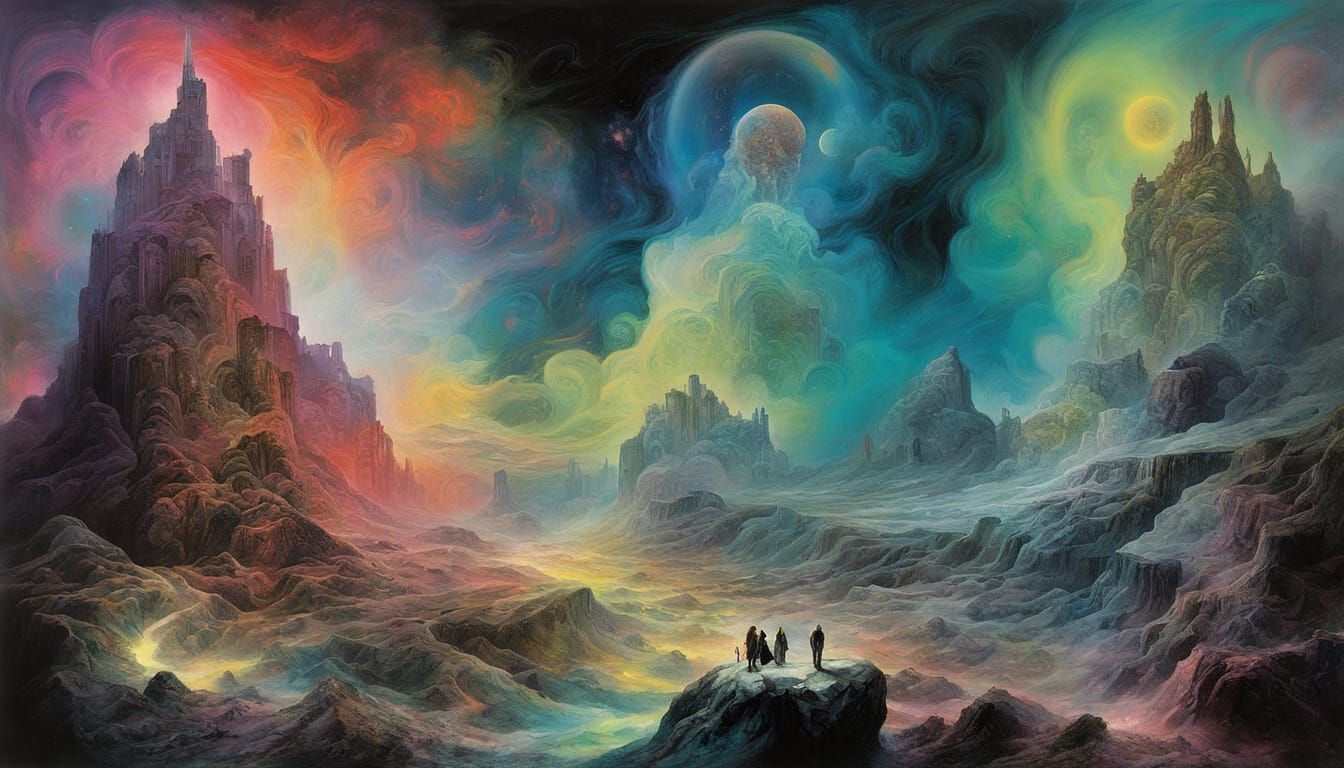 Surreal Celestial Labyrinth in Dark Ink and Vivid Color