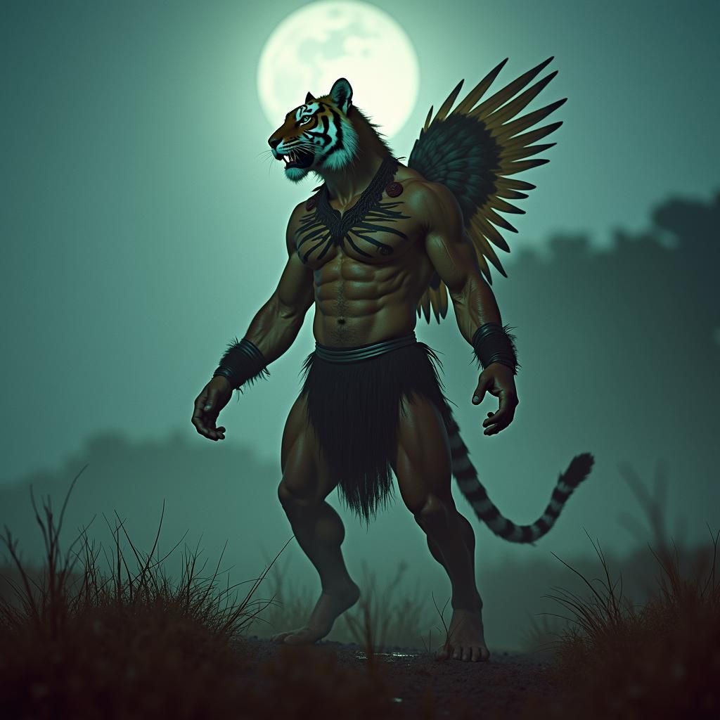 Epic Tiger-Human Centaur in Moonlit Savannah