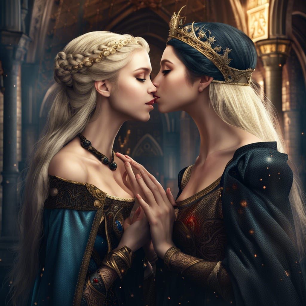 Medieval Fantasy: Two Princesses Kissing, Detailed Matte Pai...