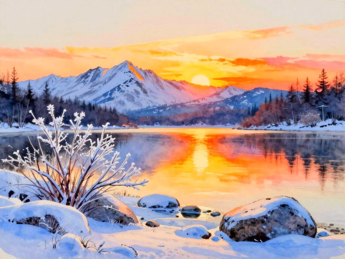Winter Solstice Sunset Watercolor Landscape